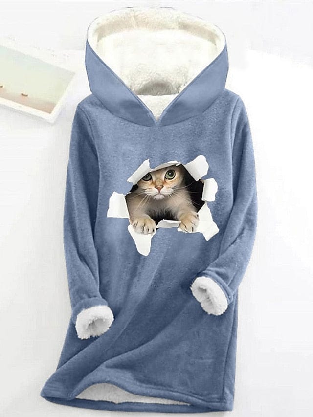 Cozy Sherpa Fleece Lined Women's Cat Print Hoodie Sweatshirt