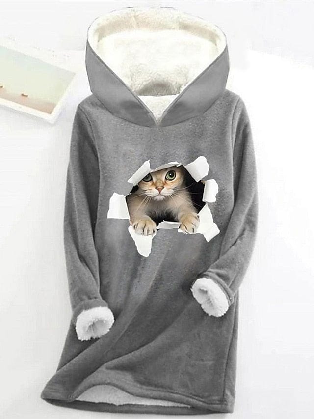 Cozy Sherpa Fleece Lined Women's Cat Print Hoodie Sweatshirt