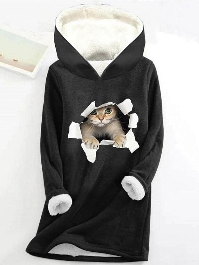 Cozy Sherpa Fleece Lined Women's Cat Print Hoodie Sweatshirt