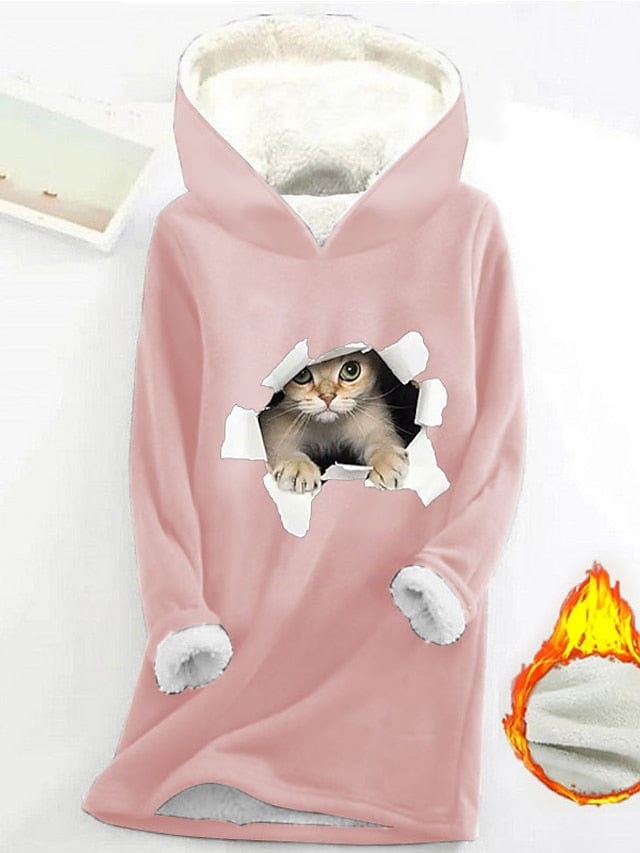 Cozy Sherpa Fleece Lined Women's Cat Print Hoodie Sweatshirt