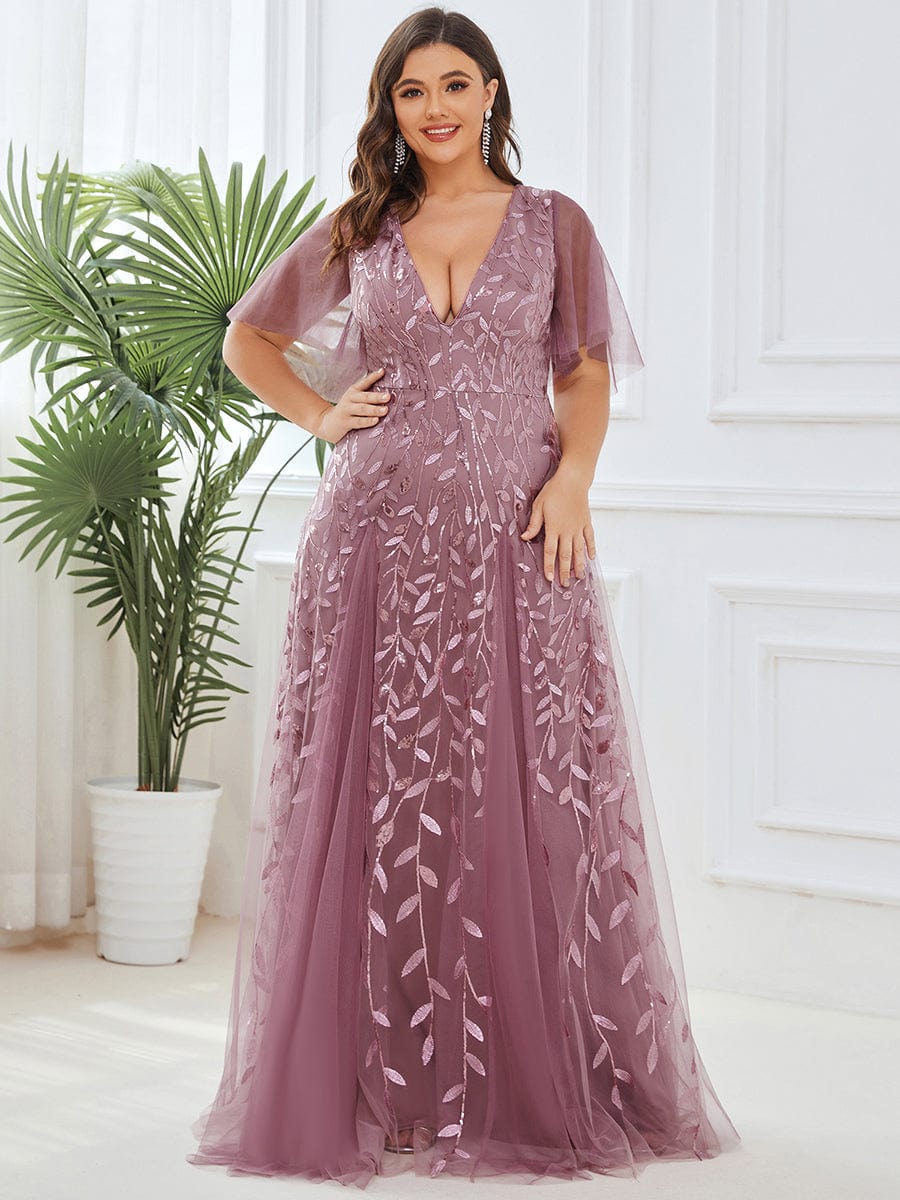 Elegant Plus Size Sequin Evening Gown with Short Sleeves