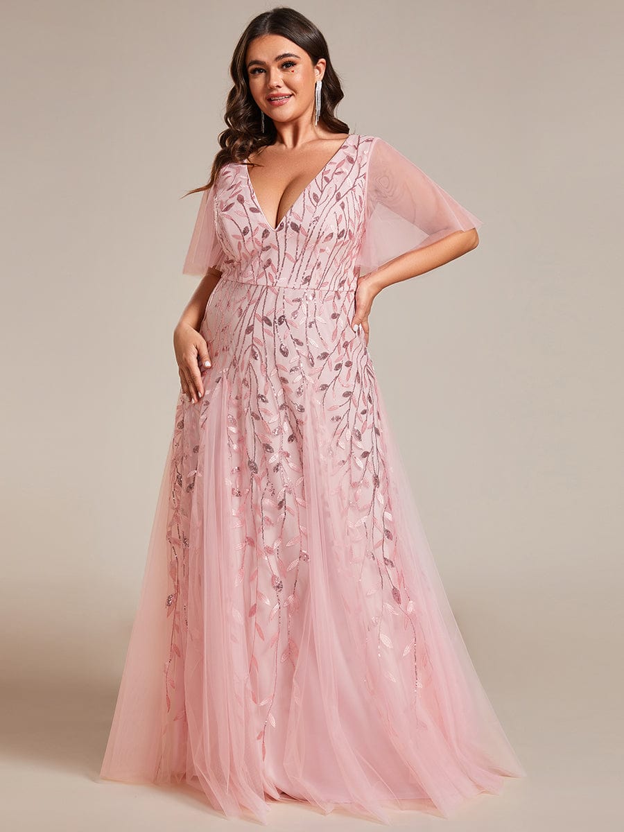 Elegant Plus Size Sequin Evening Gown with Short Sleeves