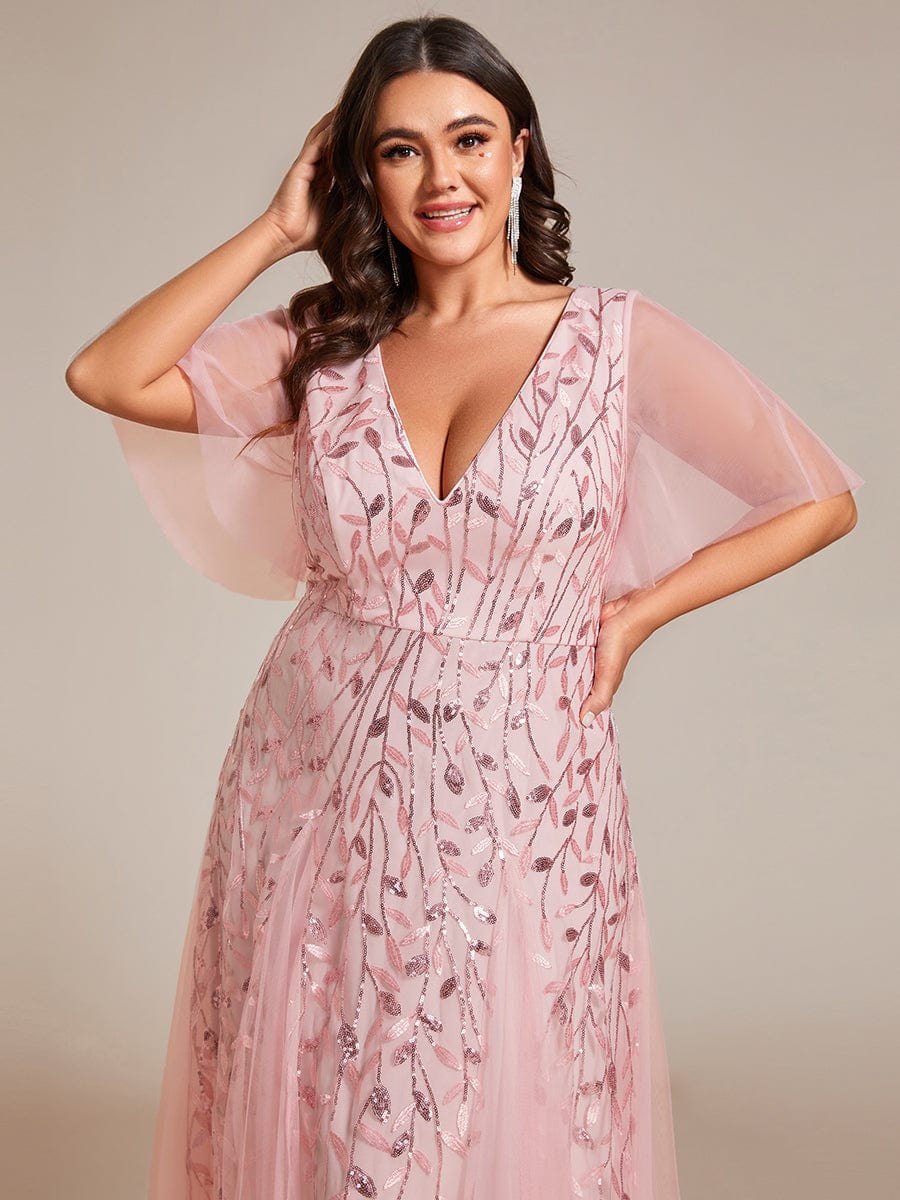 Elegant Plus Size Sequin Evening Gown with Short Sleeves