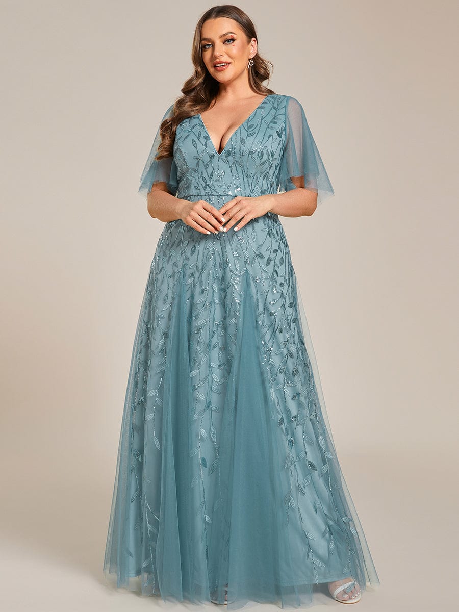 Elegant Plus Size Sequin Evening Gown with Short Sleeves