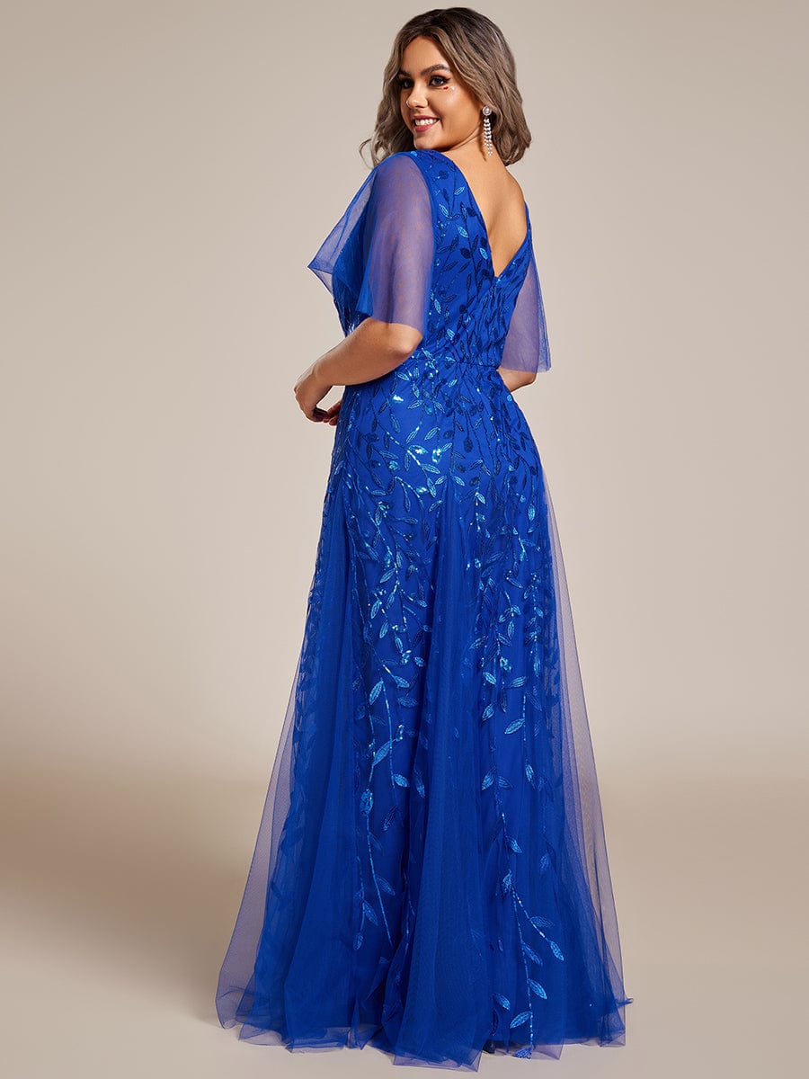 Elegant Plus Size Sequin Evening Gown with Short Sleeves