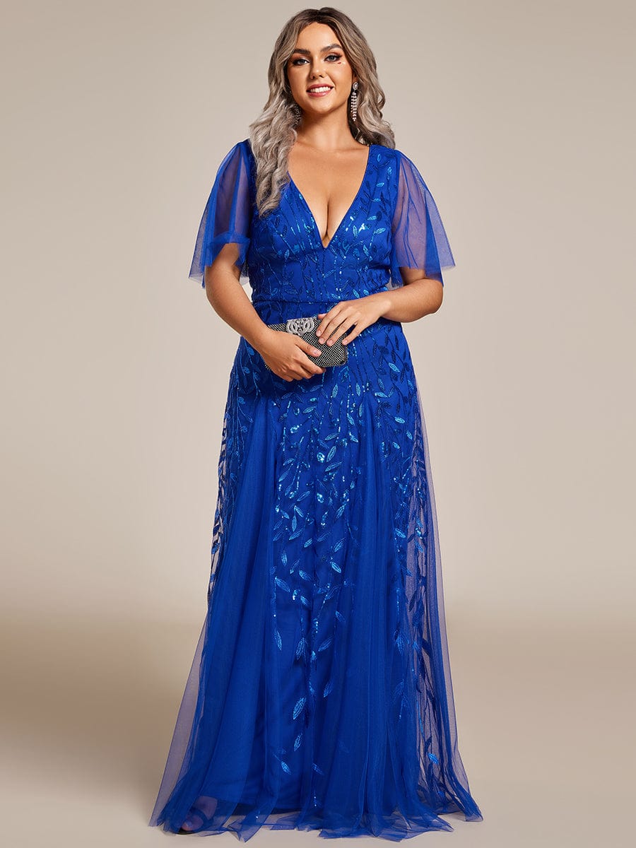 Elegant Plus Size Sequin Evening Gown with Short Sleeves