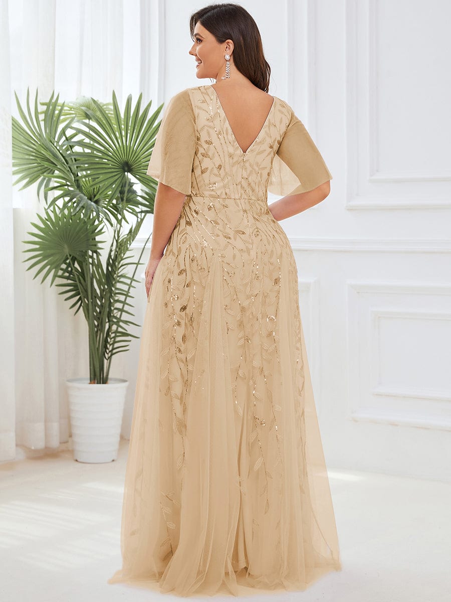 Elegant Plus Size Sequin Evening Gown with Short Sleeves