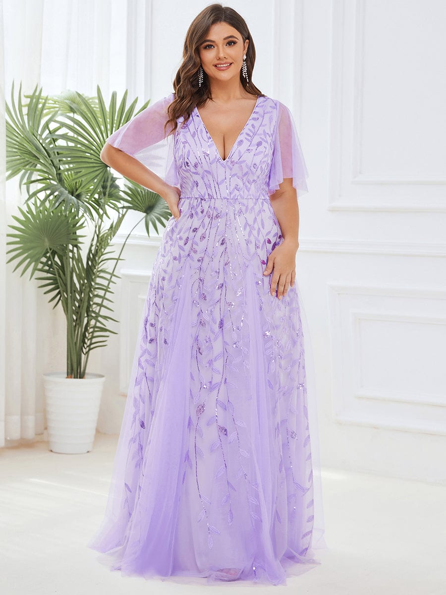 Elegant Plus Size Sequin Evening Gown with Short Sleeves