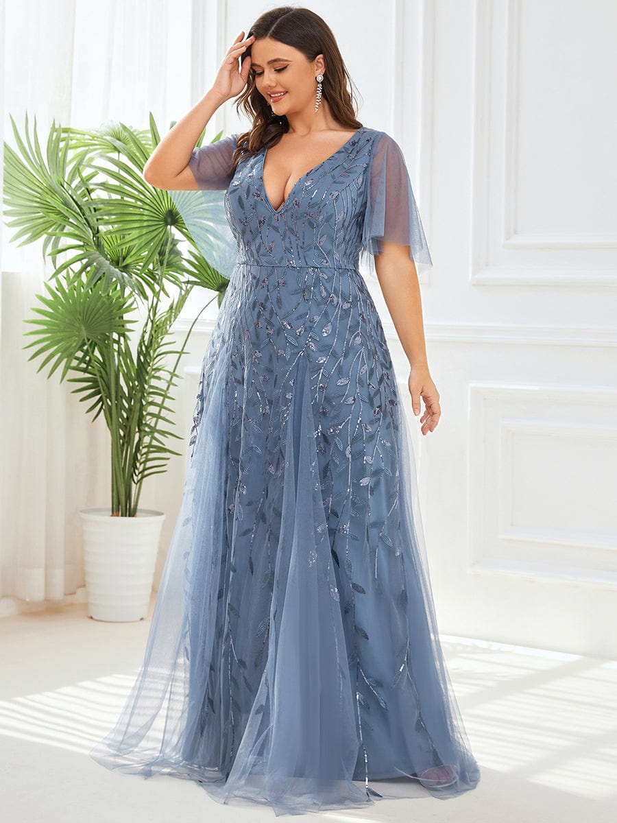 Elegant Plus Size Sequin Evening Gown with Short Sleeves
