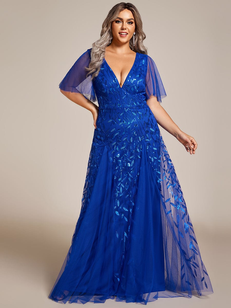 Elegant Plus Size Sequin Evening Gown with Short Sleeves