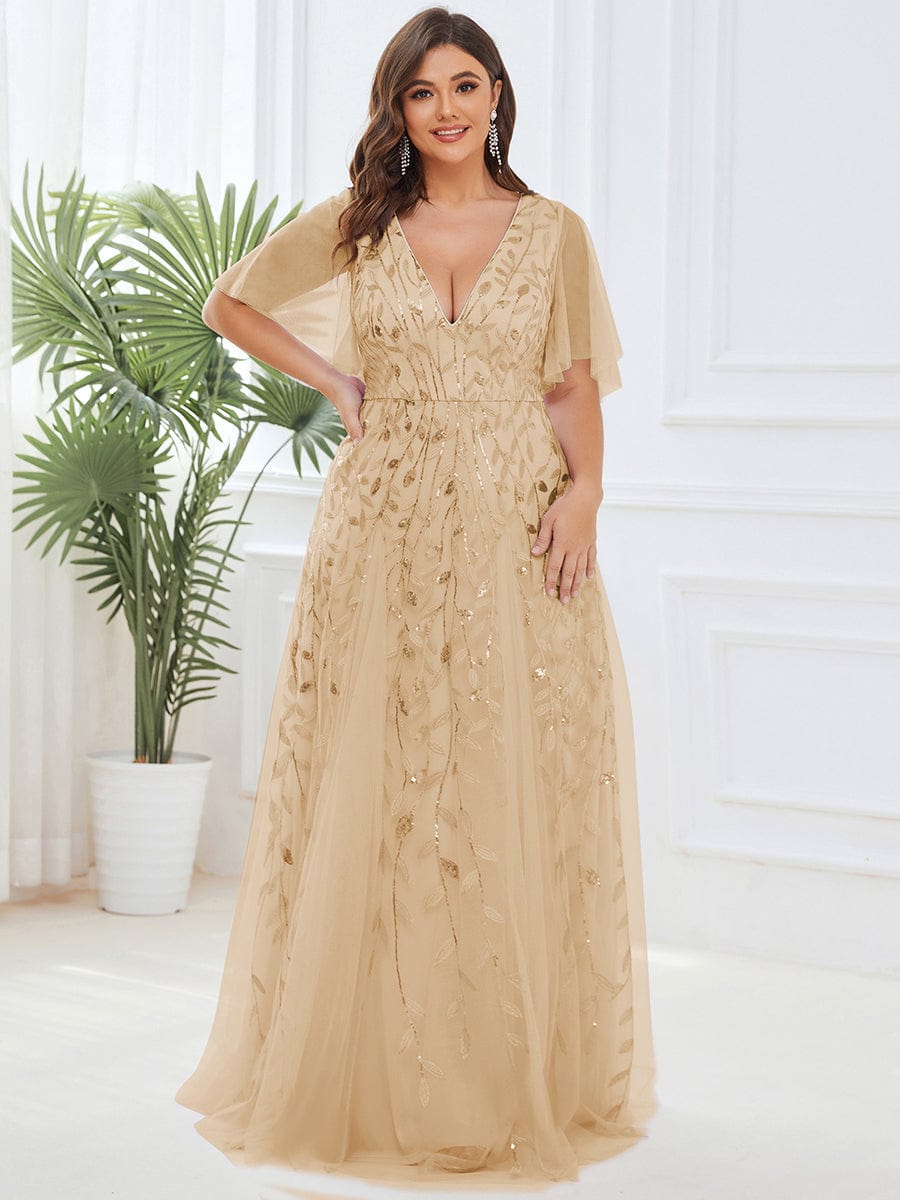 Elegant Plus Size Sequin Evening Gown with Short Sleeves