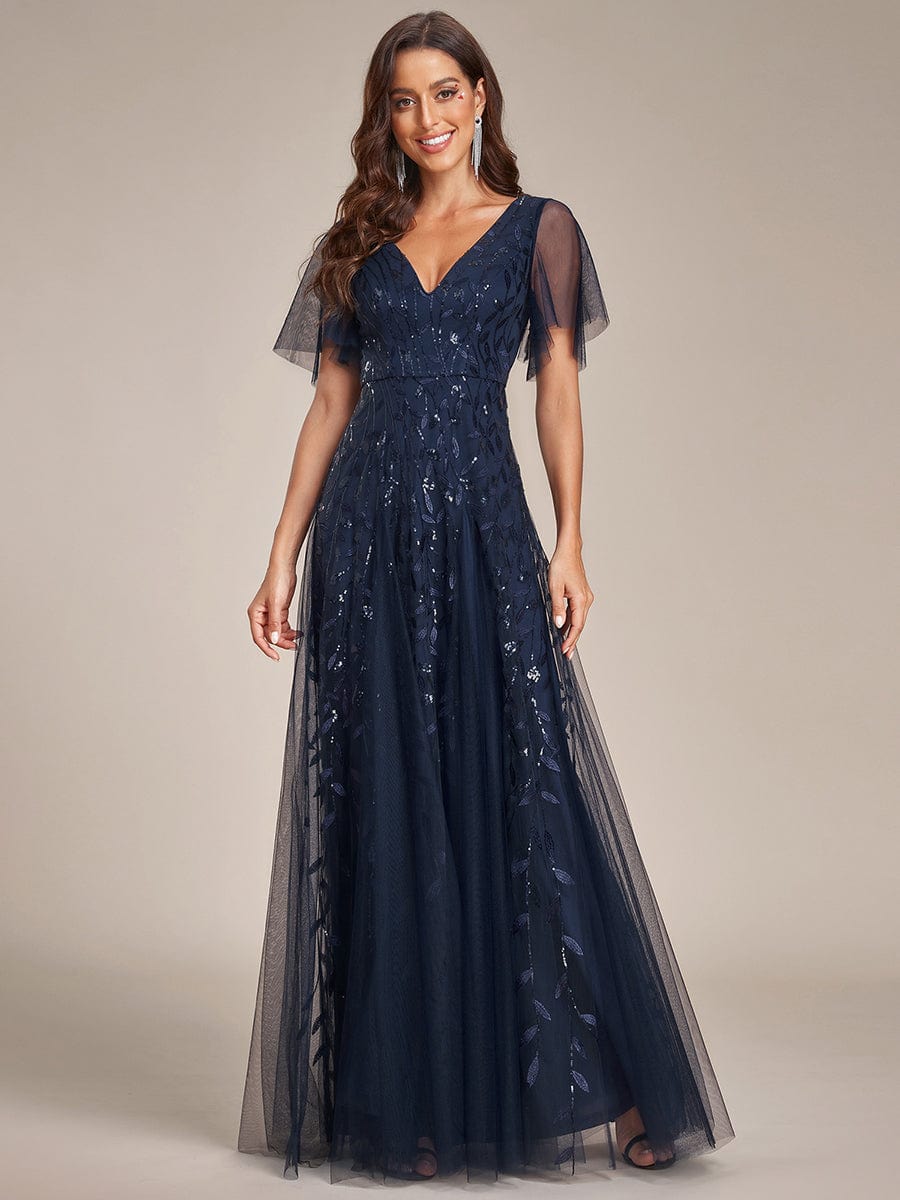 Elegant Plus Size Sequin Evening Gown with Short Sleeves