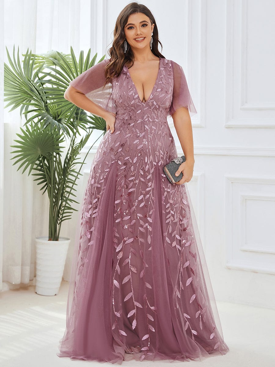 Elegant Plus Size Sequin Evening Gown with Short Sleeves