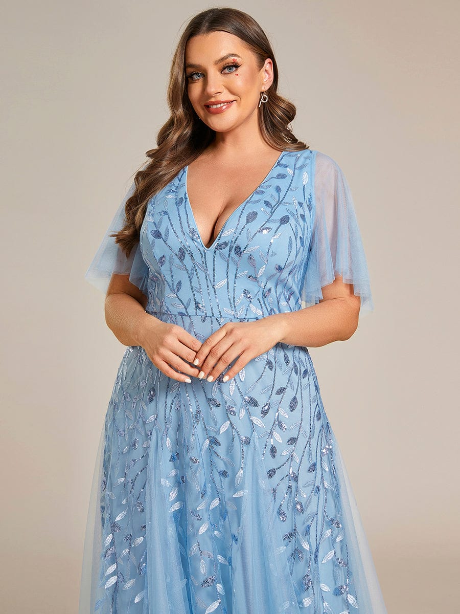 Elegant Plus Size Sequin Evening Gown with Short Sleeves