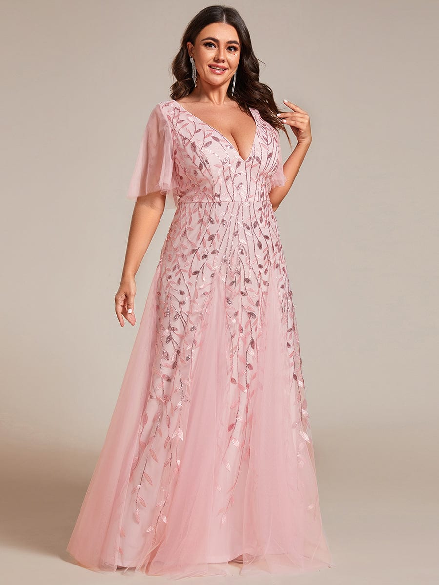 Elegant Plus Size Sequin Evening Gown with Short Sleeves
