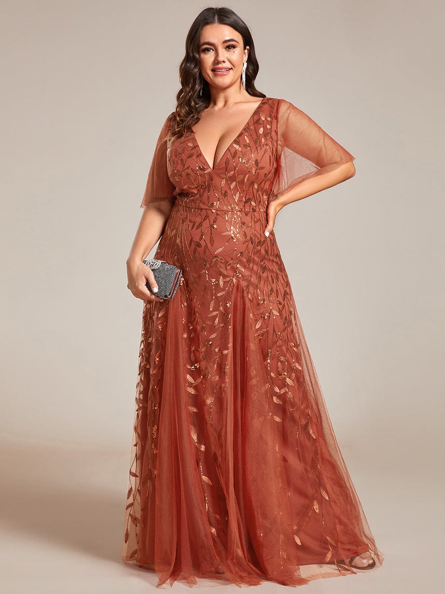 Elegant Plus Size Sequin Evening Gown with Short Sleeves