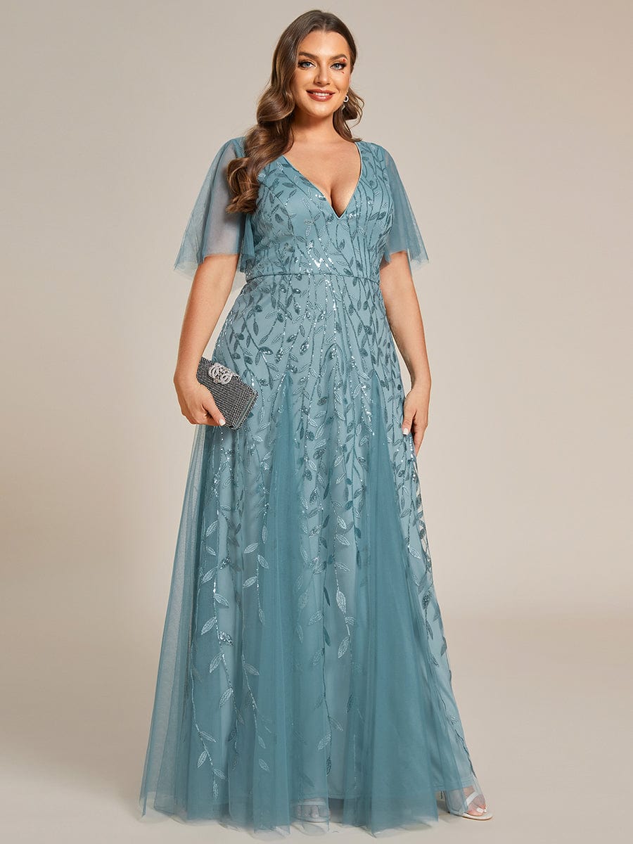 Elegant Plus Size Sequin Evening Gown with Short Sleeves