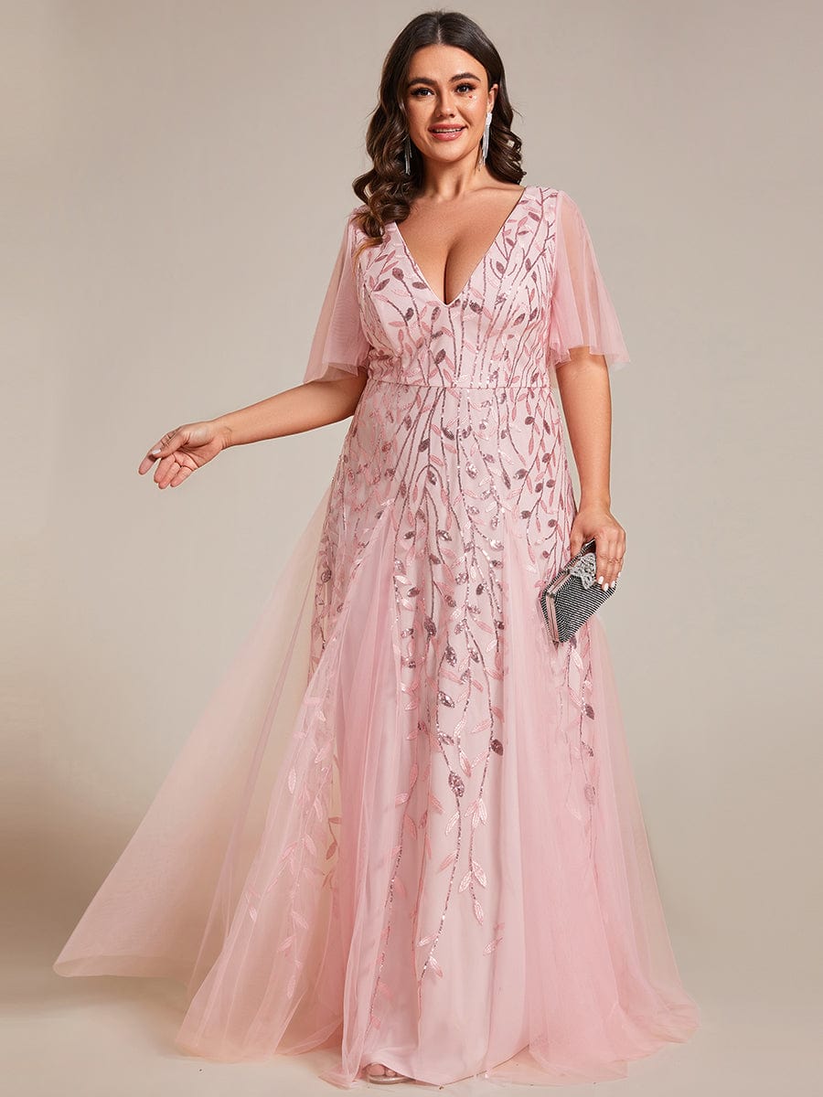 Elegant Plus Size Sequin Evening Gown with Short Sleeves