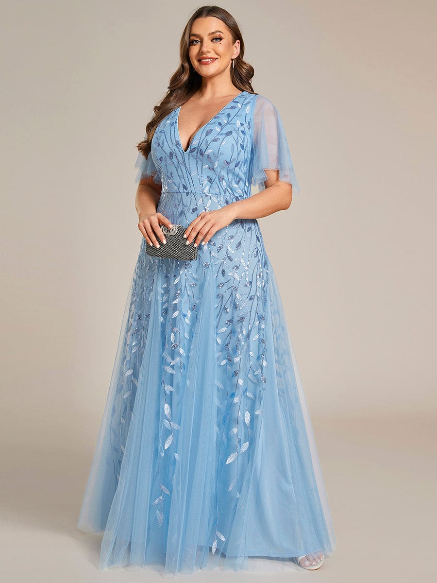 Elegant Plus Size Sequin Evening Gown with Short Sleeves