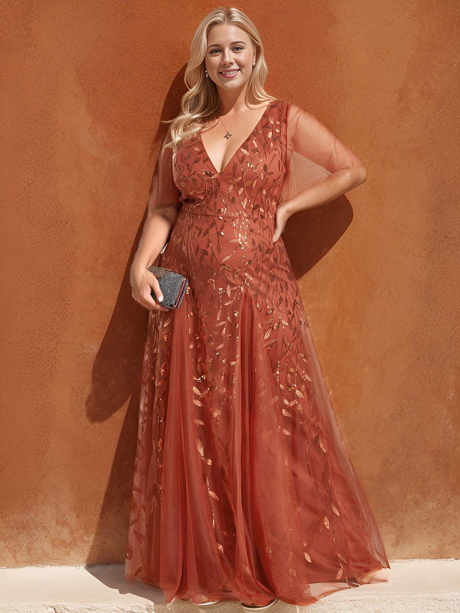 Elegant Plus Size Sequin Evening Gown with Short Sleeves