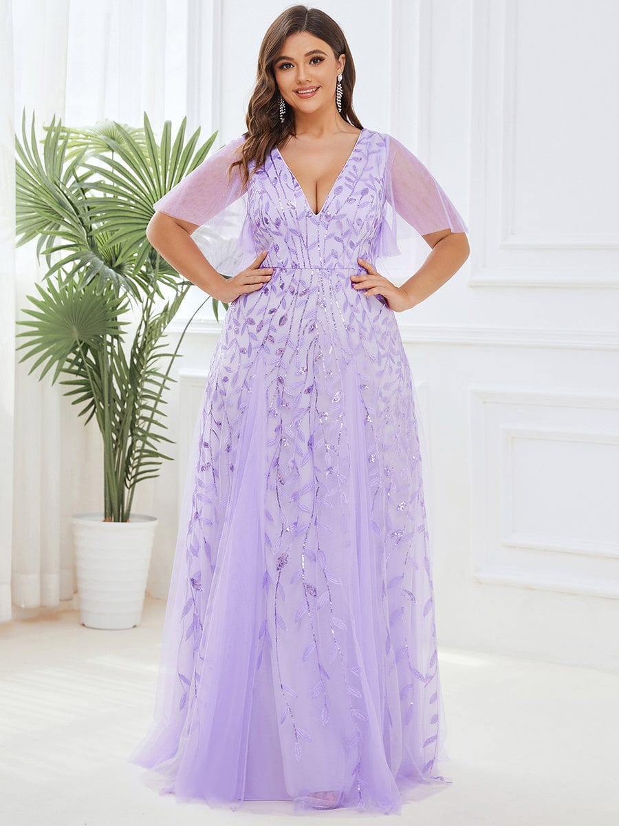 Elegant Plus Size Sequin Evening Gown with Short Sleeves