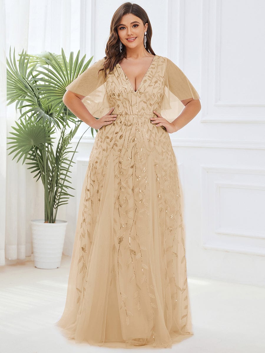 Elegant Plus Size Sequin Evening Gown with Short Sleeves