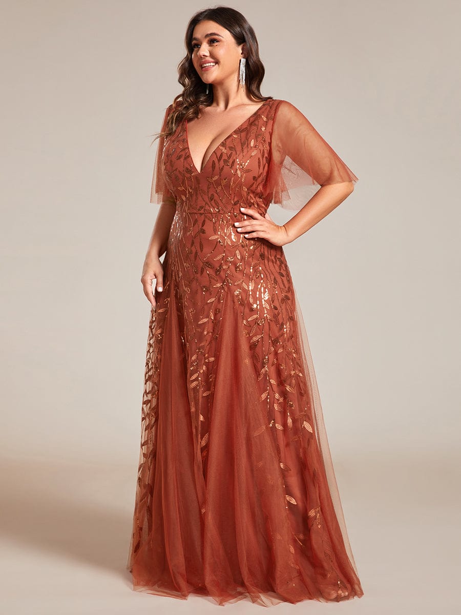 Elegant Plus Size Sequin Evening Gown with Short Sleeves