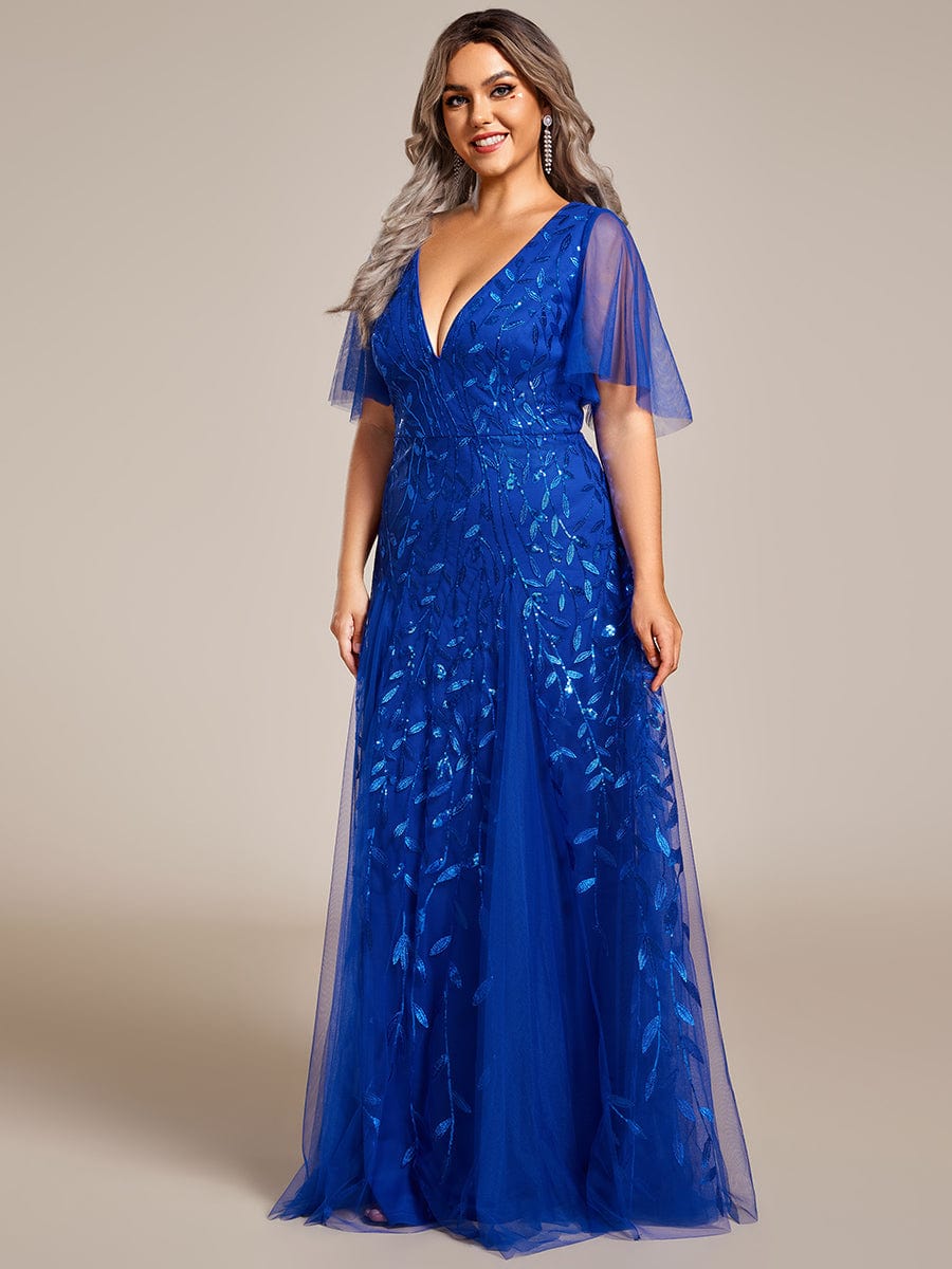 Elegant Plus Size Sequin Evening Gown with Short Sleeves