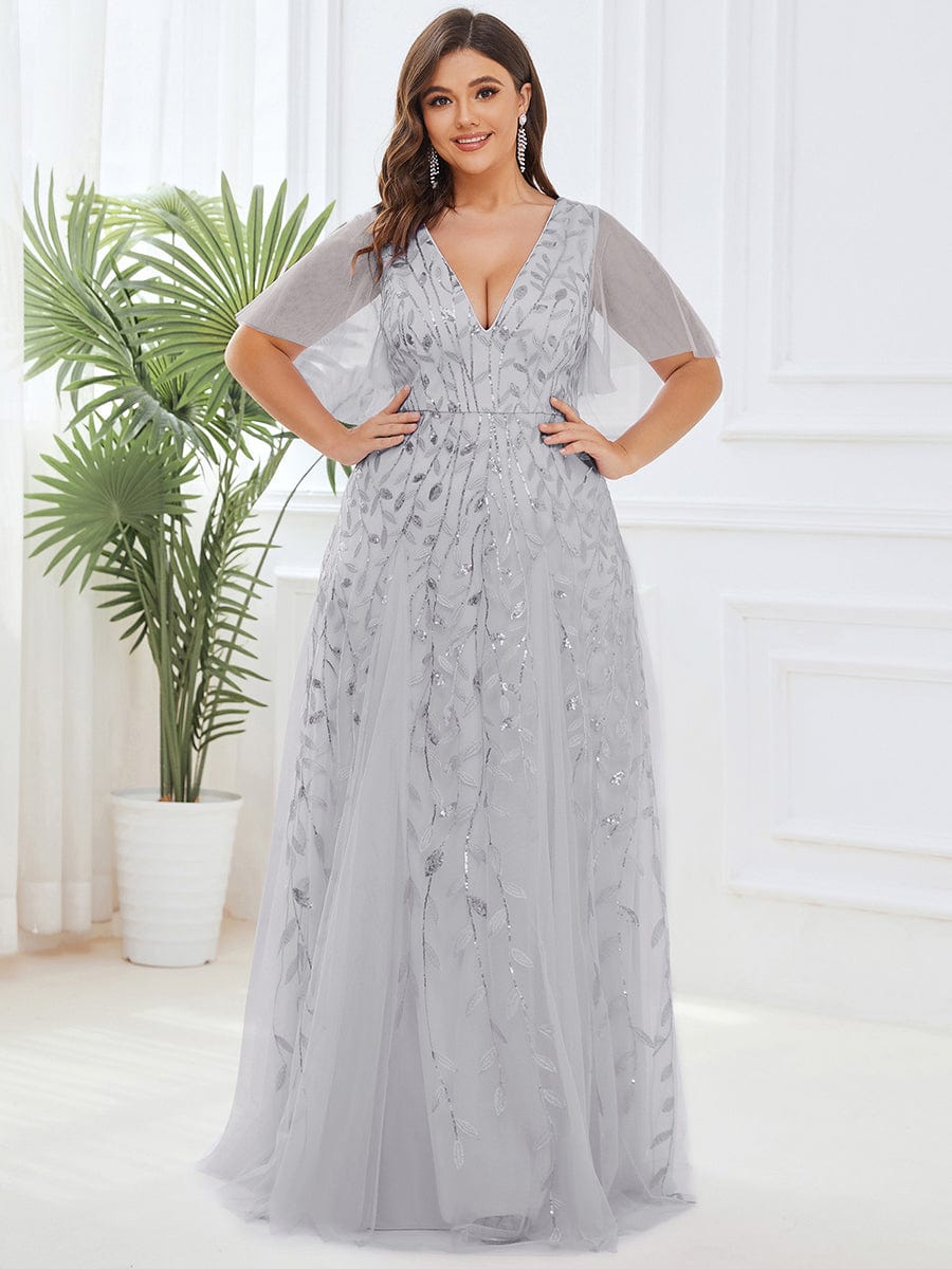 Elegant Plus Size Sequin Evening Gown with Short Sleeves