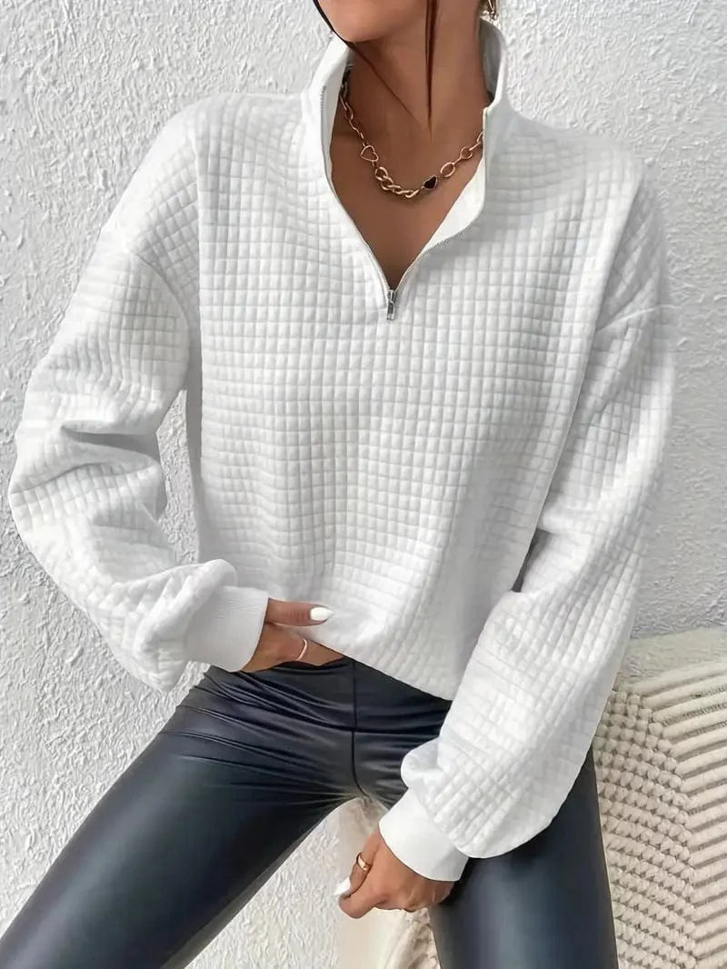 Waffle Grid Quarter Zip Pullover - Stylish Women's Fall & Winter Sweatshirt