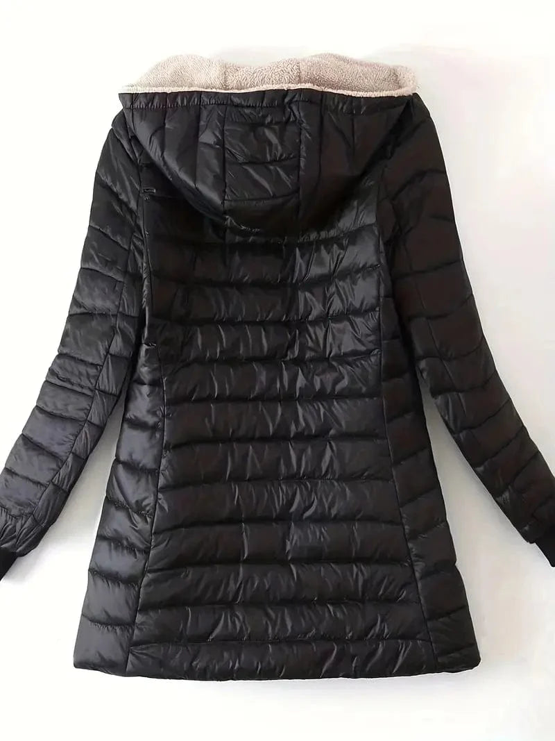 Solid Hooded Zip Up Coat for Women, Long Sleeve Winter Warm Outerwear