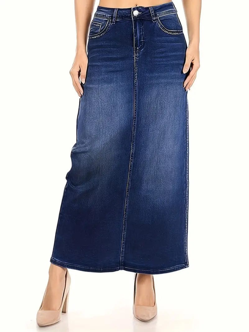 High Waist Blue Denim Midi Skirt with Slant Pockets for Women