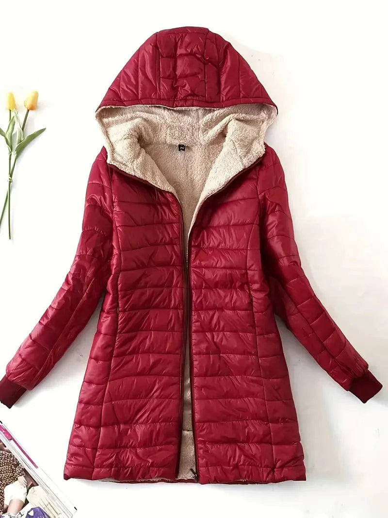 Solid Hooded Zip Up Coat for Women, Long Sleeve Winter Warm Outerwear