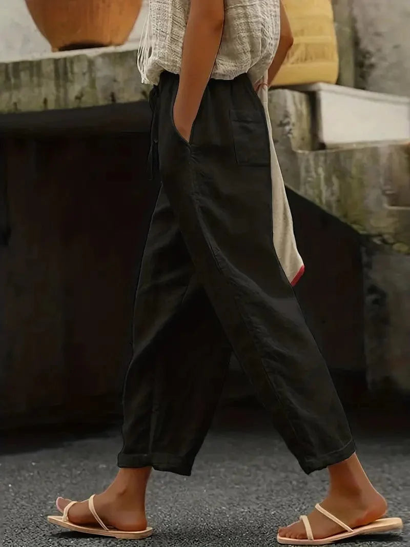 Versatile Solid Drawstring Pants with Pockets for Women