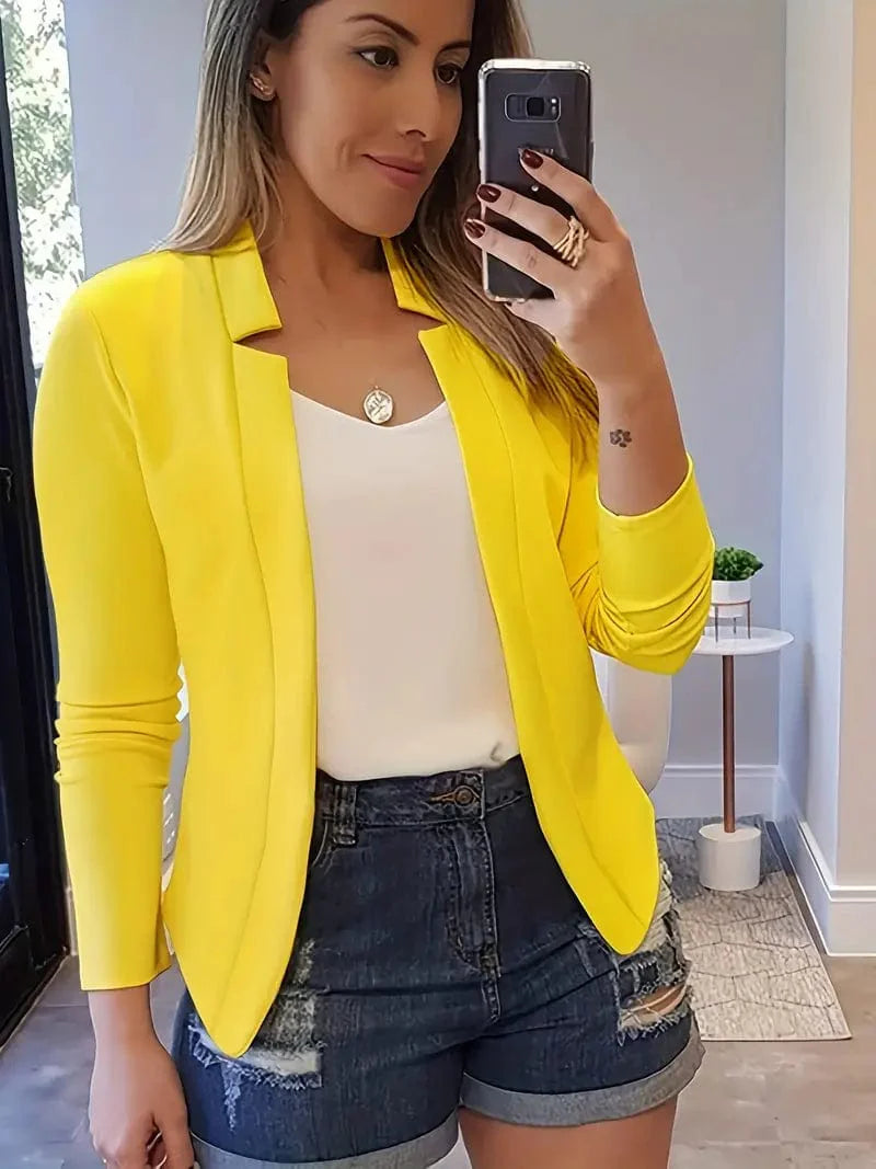 Women's Solid Open Front Blazer with Long Sleeves for Office Wear