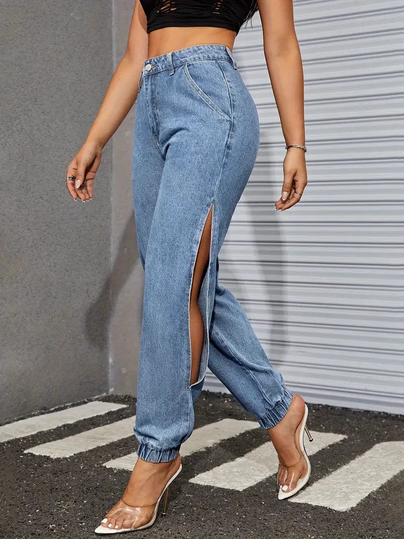 Split Slant Pocket Jogger Pants, Niche Denim Non-Stretch Pants Women’s Jeans & Apparel