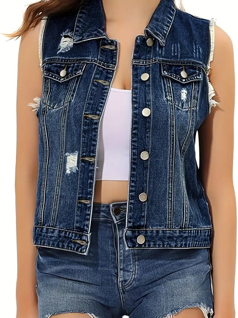 Washed Denim Sleeveless Vest with Distressed Ripped Lapel, Women's Denim Jacket Collection