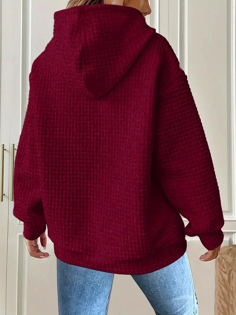 Waffle Grid Kangaroo Pocket Hoodie, Long Sleeve Drawstring Hoodies for Women