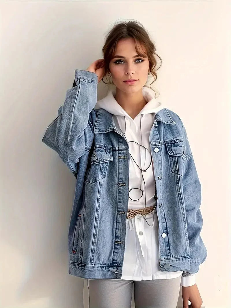 Denim Coat with Flap Pockets and Lapel - Casual Women's Jacket in Blue