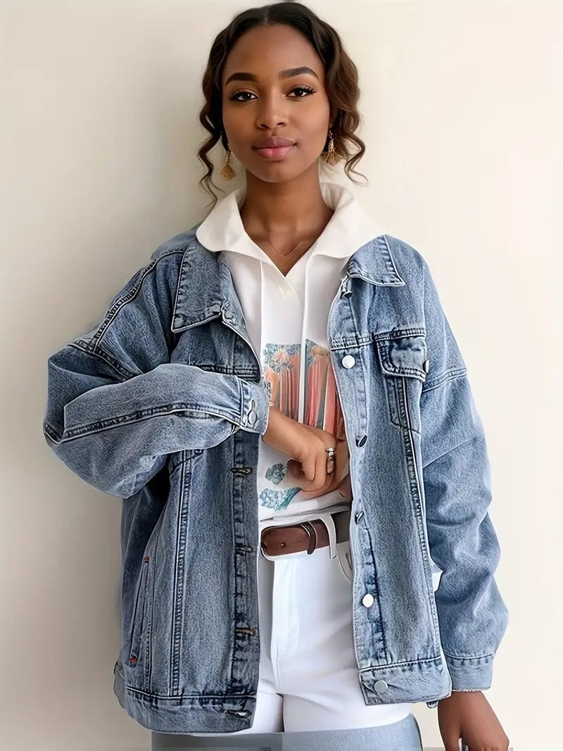 Denim Coat with Flap Pockets and Lapel - Casual Women's Jacket in Blue