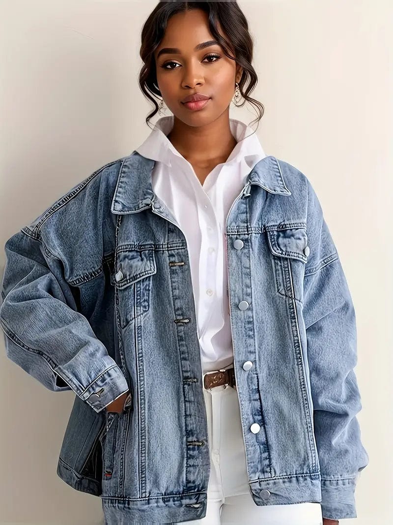 Denim Coat with Flap Pockets and Lapel - Casual Women's Jacket in Blue