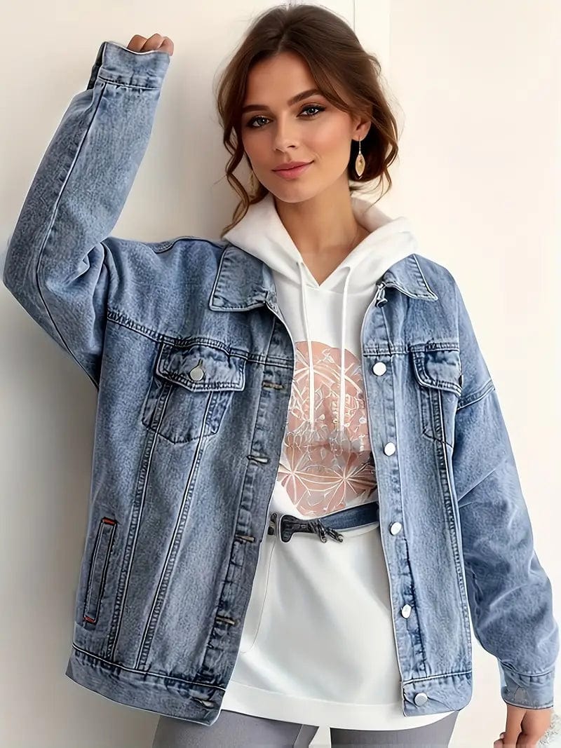 Denim Coat with Flap Pockets and Lapel - Casual Women's Jacket in Blue