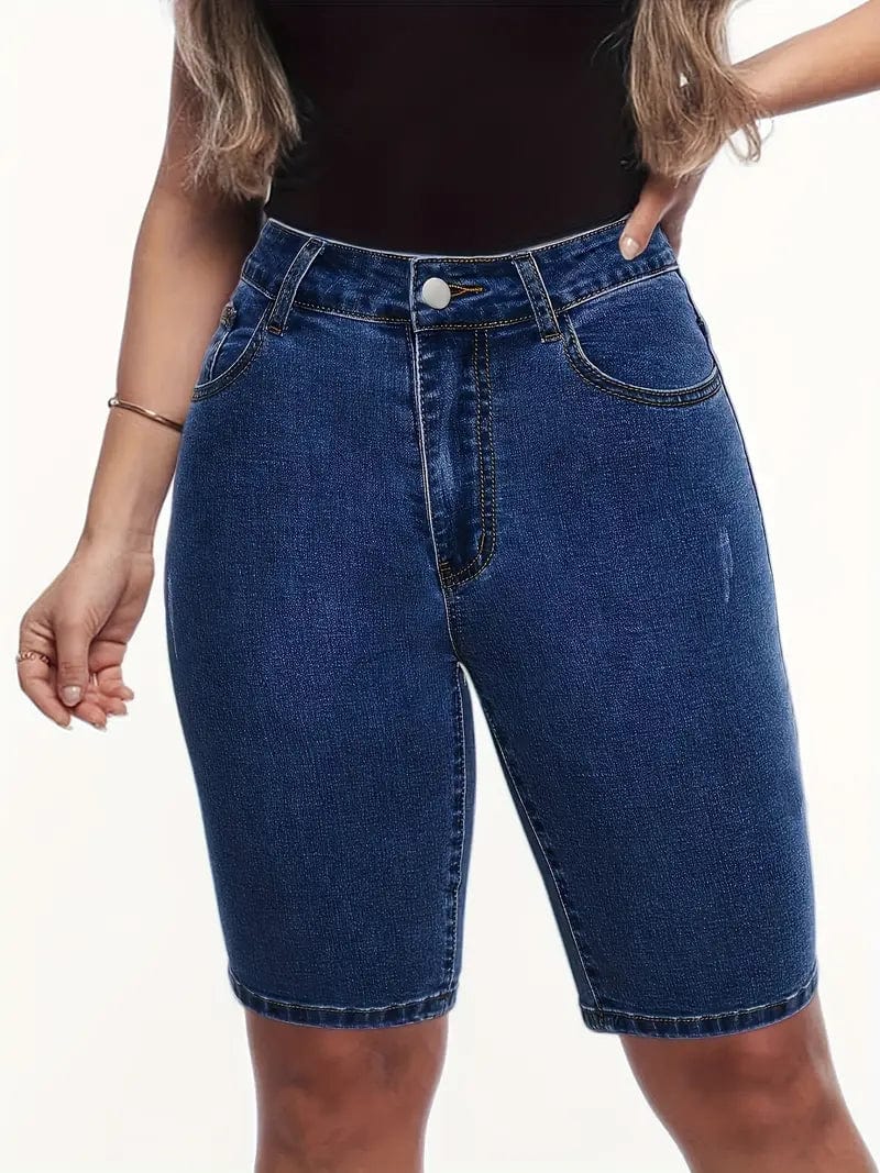 Denim High Waist Shorts in Dark Blue, Slim Fit with High Rise Slash Pockets