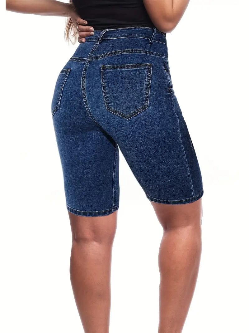 Denim High Waist Shorts in Dark Blue, Slim Fit with High Rise Slash Pockets