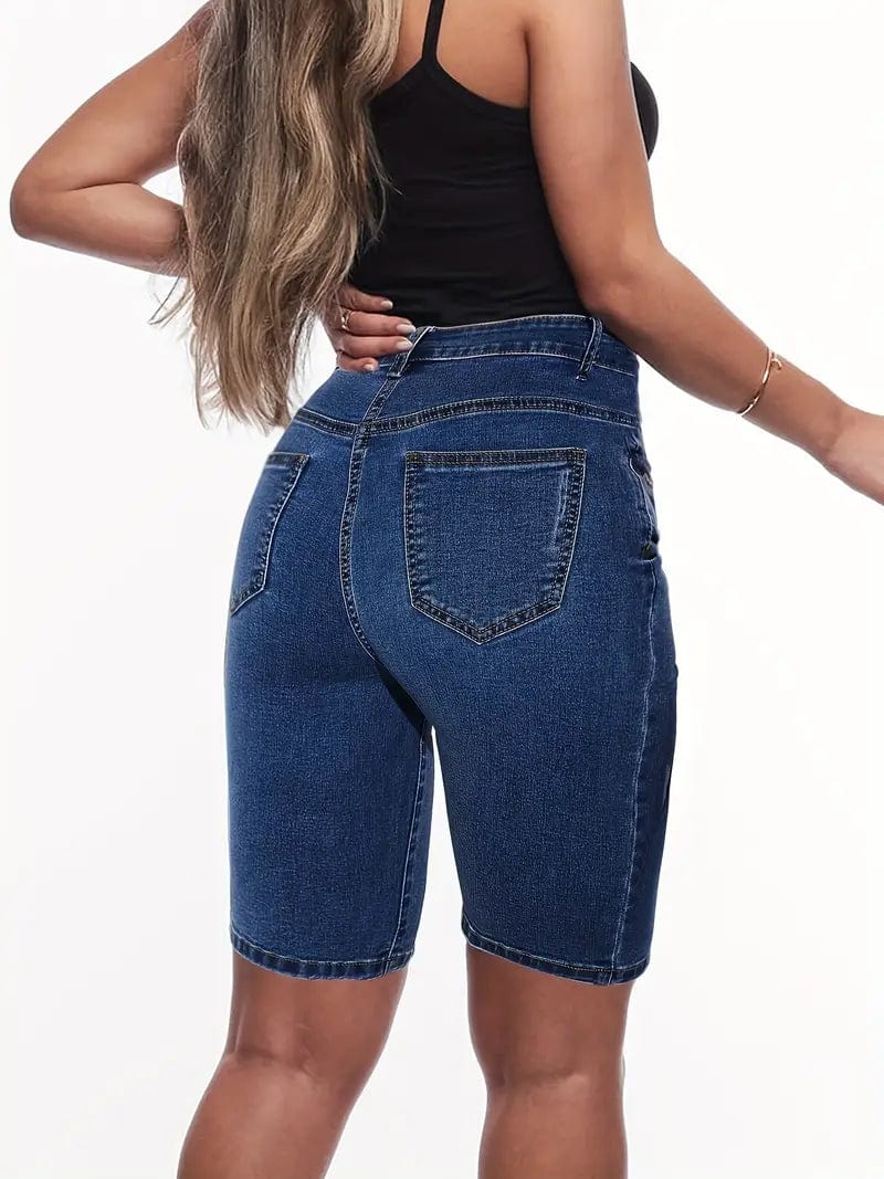 Denim High Waist Shorts in Dark Blue, Slim Fit with High Rise Slash Pockets