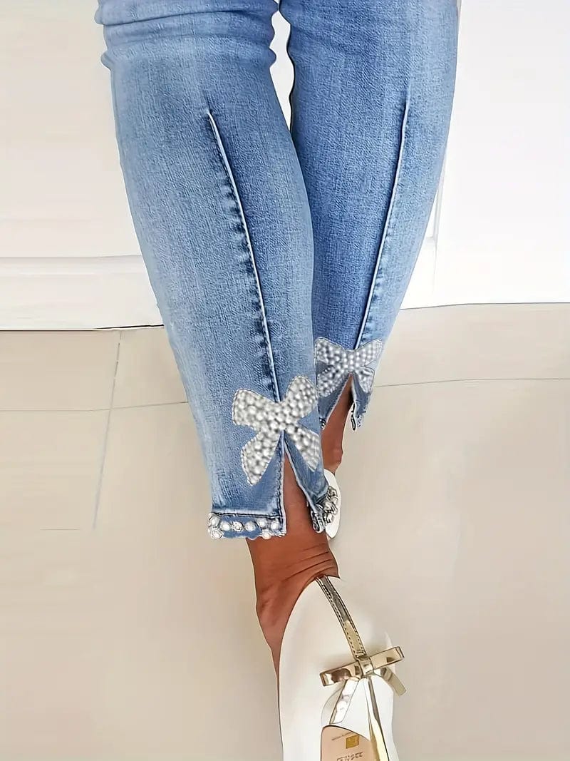 Denim Skinny Jeans with Pearl Embellishments