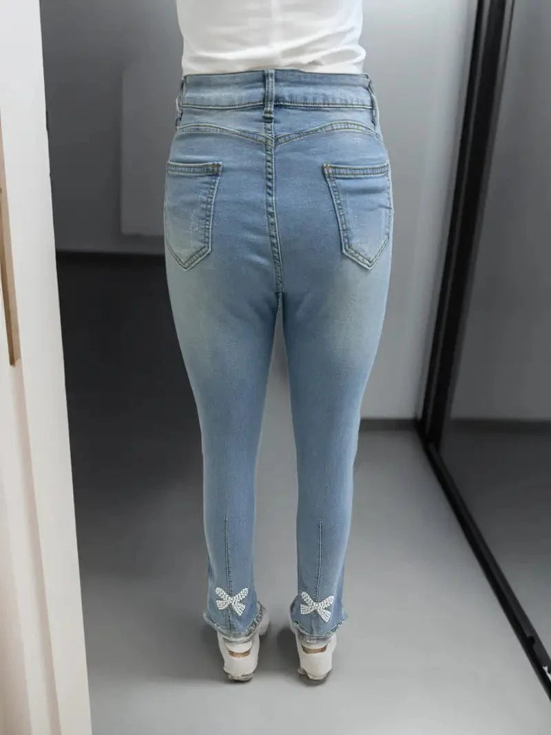 Denim Skinny Jeans with Pearl Embellishments