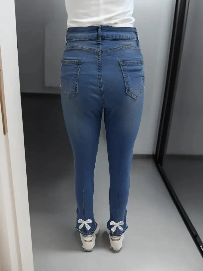 Denim Skinny Jeans with Pearl Embellishments