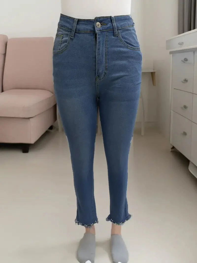 Denim Skinny Jeans with Pearl Embellishments
