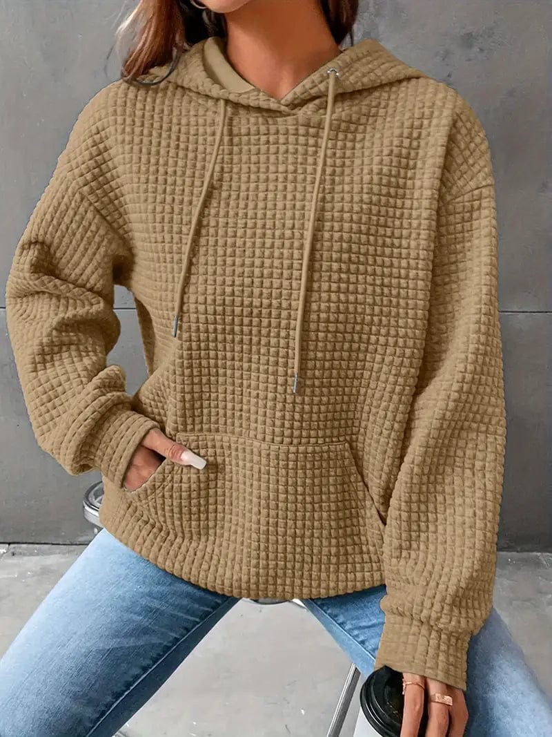 Waffle Grid Kangaroo Pocket Hoodie, Long Sleeve Drawstring Hoodies for Women